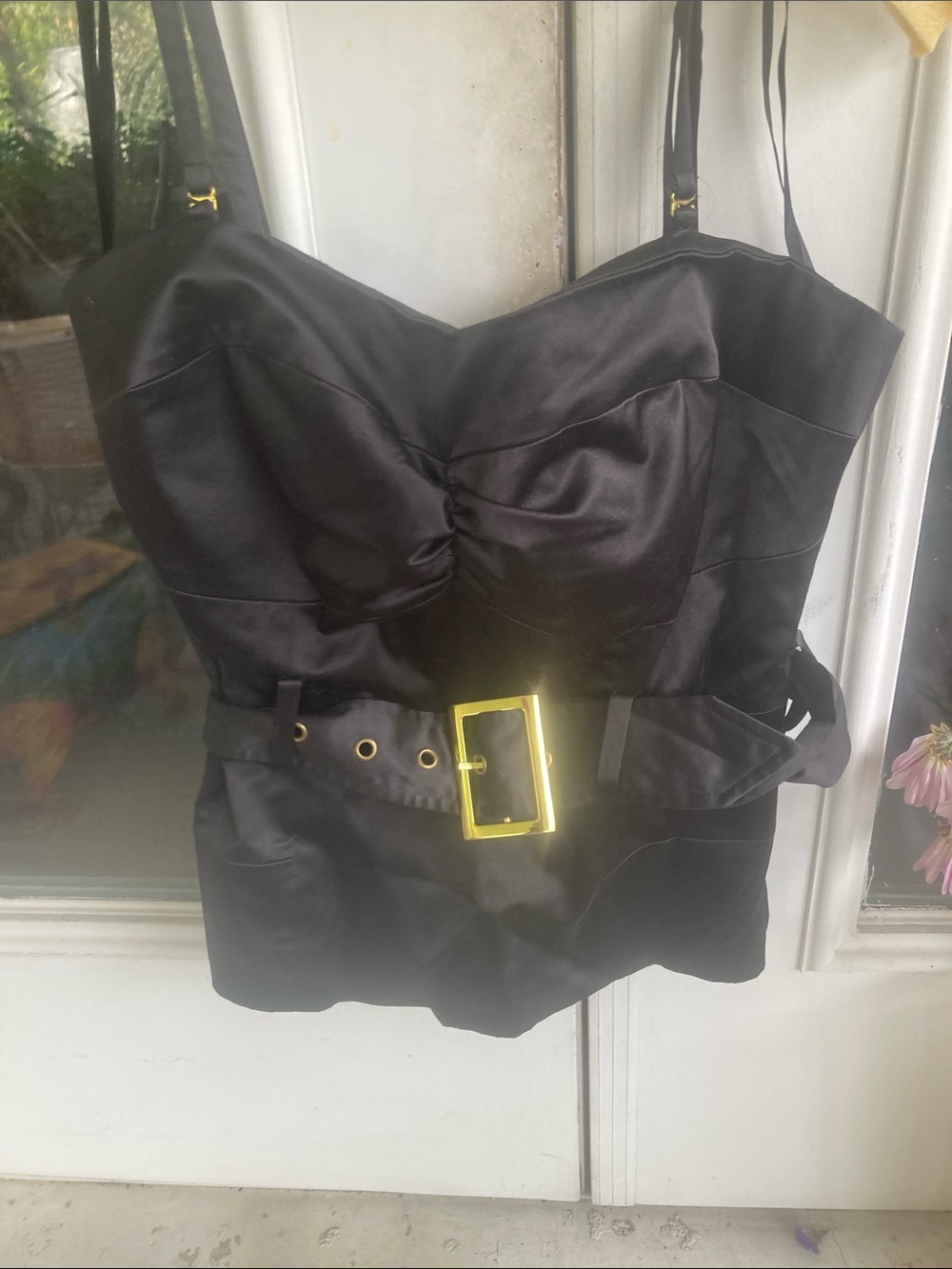 Arden B Black Satin Bustier Top with Gold Buckle